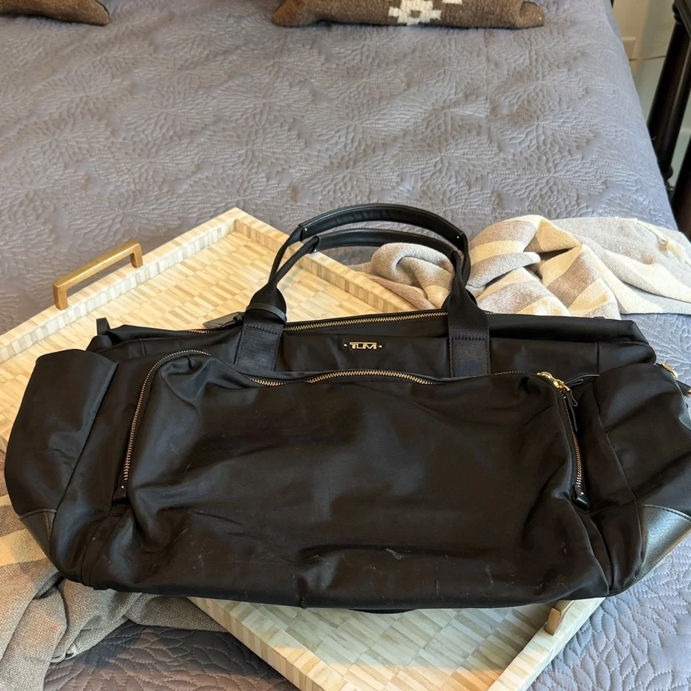 Tumi Black Nylon Duffel with Gold Accents